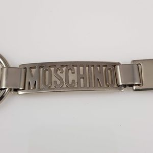 MOSCHINO SILVERTONE LOGO EMBELLISHED CHAIN BELT